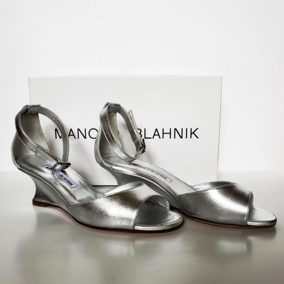 Manolo Blahnik Metallic Demi-Wedge Sandal, Silver - Picture 6 of 12